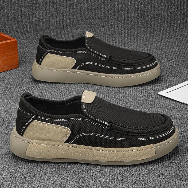 Fashion Men's Beige Canvas Slip on Sneakers - Thick Sole Rubber Sole Minimalist Stitching Casual and Comfortable for Women Hiking Shoe