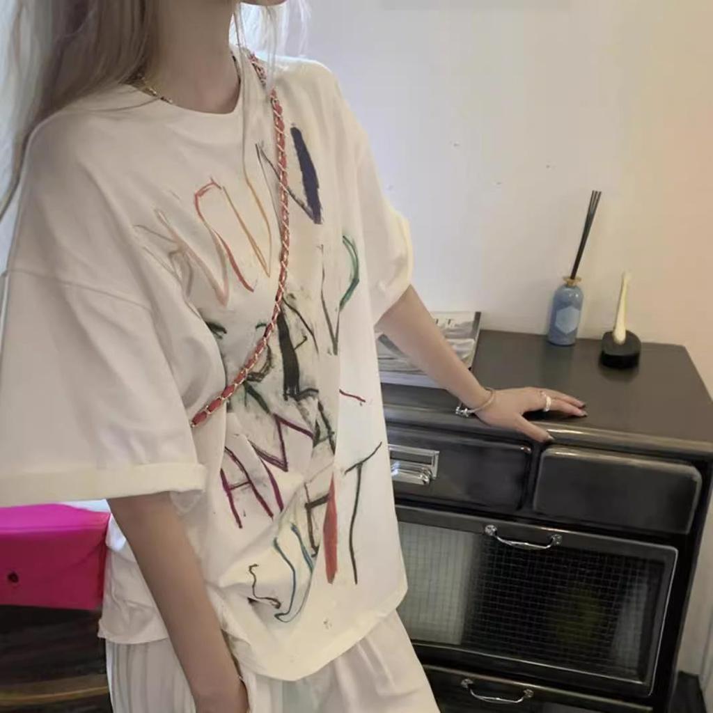 Plus Size Women's Summer Retro Letter Graffiti Short Sleeve Oversized T-Shirt