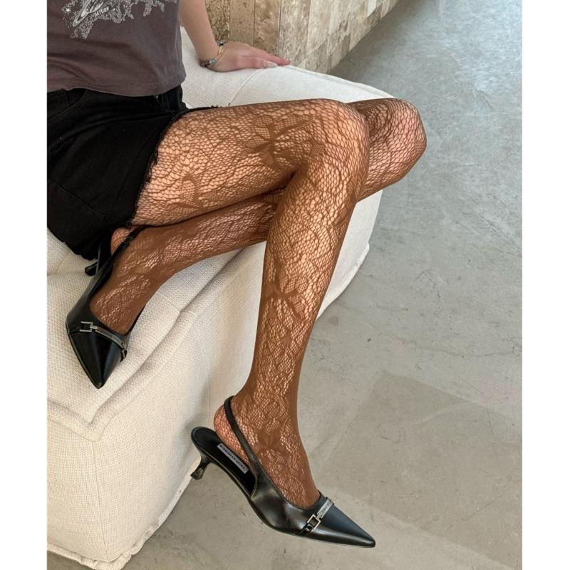 Women Sexy Hollowed Sheer Fishnet Pantyhose Aesthetic Vintage Butterfly Jacquard Patterned Leggings Colored Mesh Tights