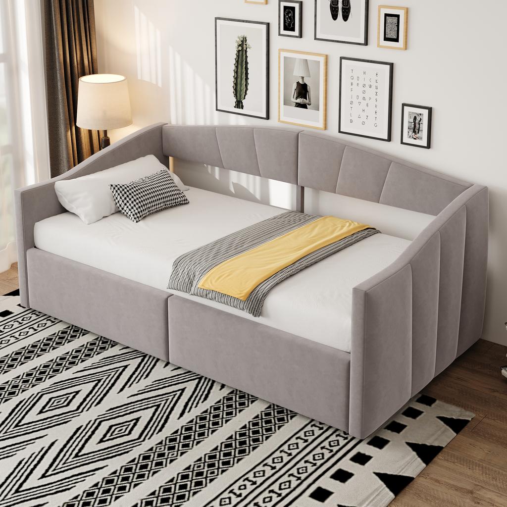 Upholstered Bed Sofa Bed 90*200 Cm, With Hydraulic Storage, With Slatted Frame and Armrests, Classic Striped, Single Bed, Velvet Fabric, Light Grey