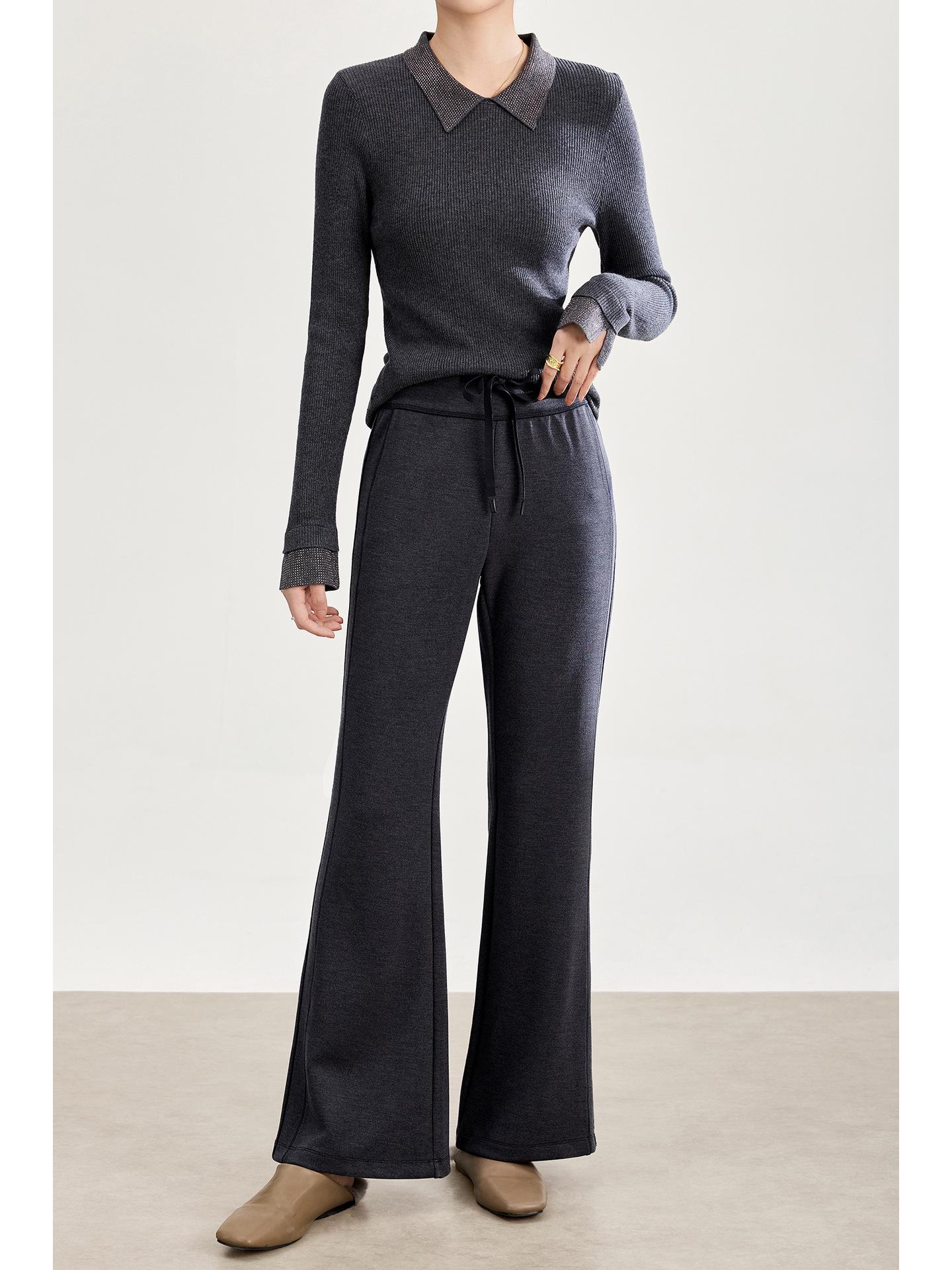 

Four-Way Stretch Wool Blend Flared Slim-Fit Trousers with Elastic Waist L серый
