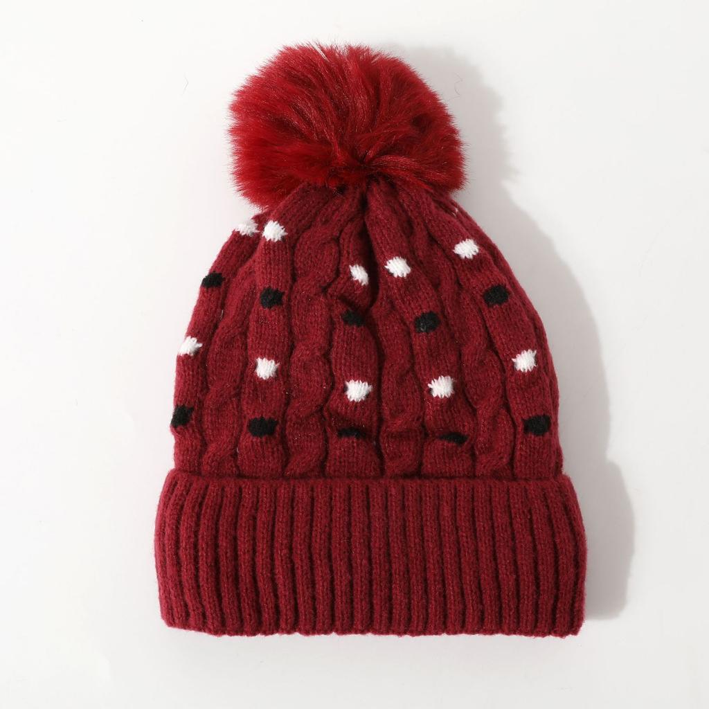 Neue Wintermütze mit Bommel für Damen, vielseitige Strickmütze mit Polka-Dots, Samt-Ohrenschutz, winddicht und warm, trendig