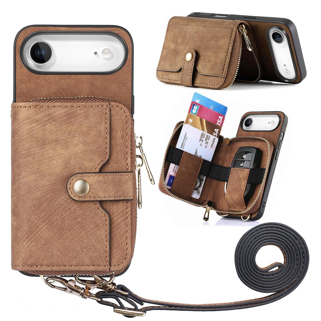 For iPhone Air PU Leather Phone Back Cover with Zipper Card Holder and Long Strap