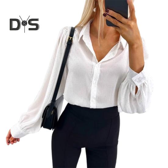 Women Shirt Lapel Lantern Long Sleeve Single Breasted Shirt Tops Casual Commuting Style Loose Fit Shirt Daily Wear