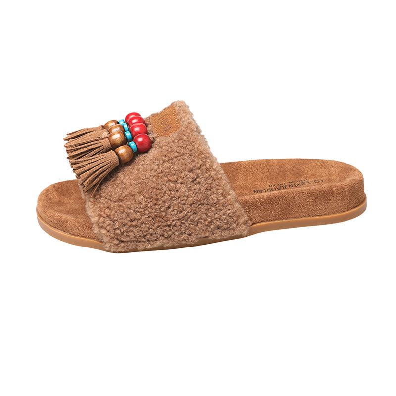 Thick-bottomed ethnic style fringed beaded fluffy slippers women's 2025 autumn new outer wear casual lazy one-word slippers