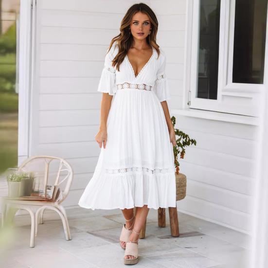 Boho Summer V Neck Flowy Dress for Women Floral Lace Ruffle A Line Dress Casual Bell Sleeve Beach Vacation Sundress