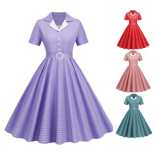 Women Evening Dress Retro Half Single-breasted A-line Big Swing Short Sleeve Turn-down Collar V Neck Plaid Print High Belted Tight