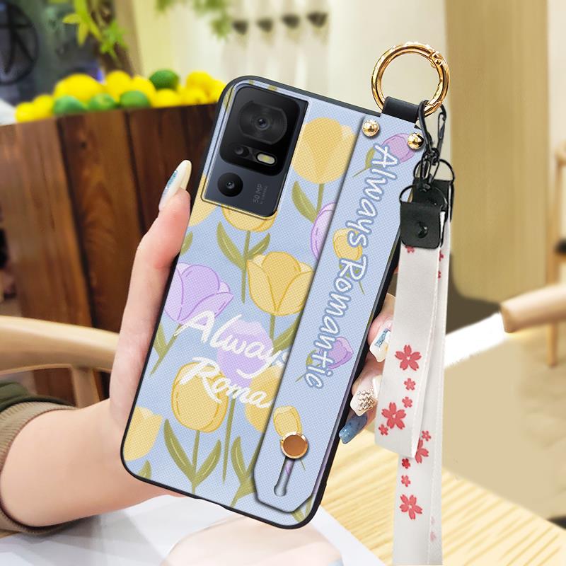 Lanyard Anti-knock Phone Case For TCL 40SE/T610K Dirt-resistant Flower Silicone Protective Ring Oil Painting Shockproof