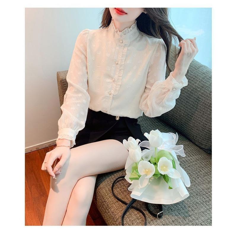 French Stand-up Collar Chiffon Shirt for Women Fashionable and Beautiful Shirt Long-sleeved Bottoming Shirt Top