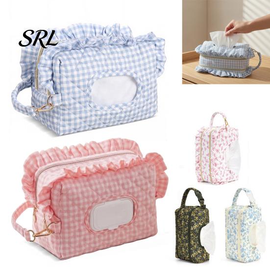 Portable Baby Wipe Dispenser Quilted Diaper Wipes Bag with Hanging Strap, Dual Compartment Zipper Plaid Ruffle Storage Pouch Bag, Large Capacity