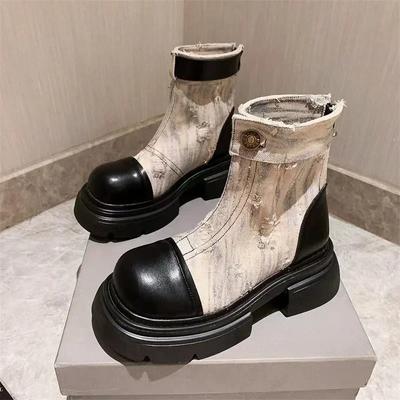 Fashion 2024 New Branded Women's Shoes Mid Heel Boots Round Toe Thick Sole Boots Women's Denim Patch Ankle Women's Flats Summer Rock
