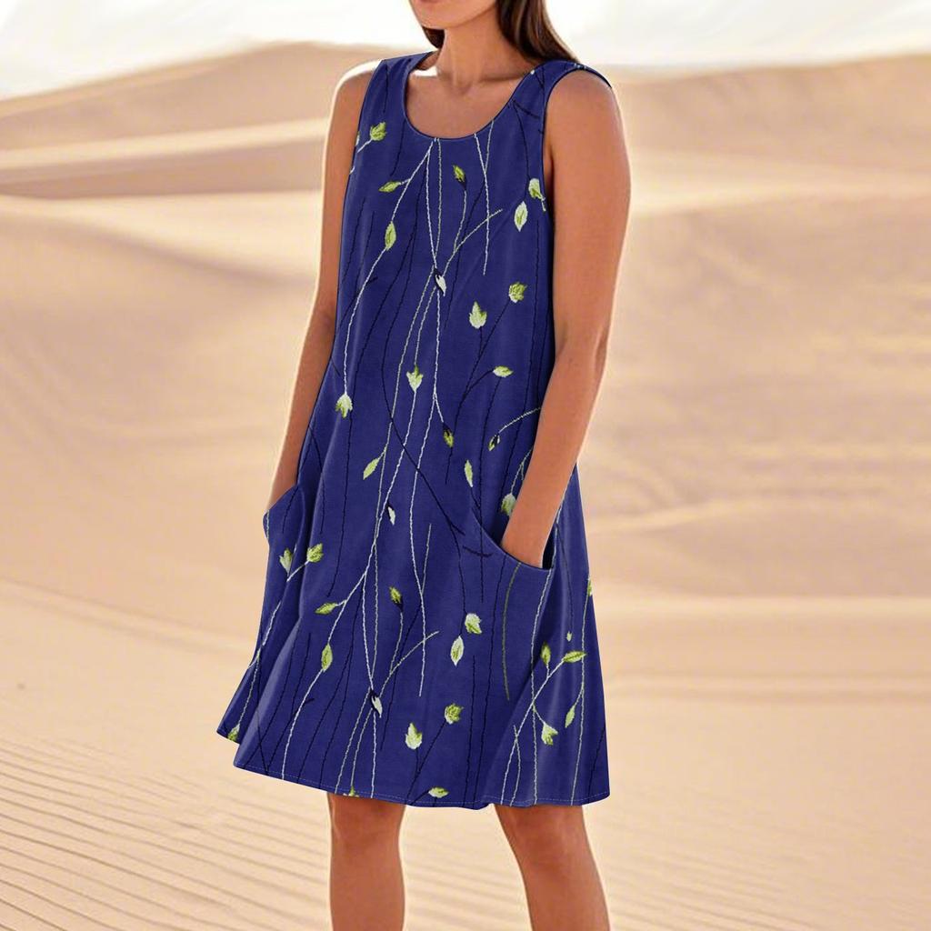 Sommerkleider für Damen, lockerer Strandurlaub, lässig, ärmellos, Sommerkleider mit Taschen, Tankkleid