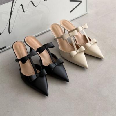 MelTing Brown Women Double Ribbon T sTrap Mule Heel 2color