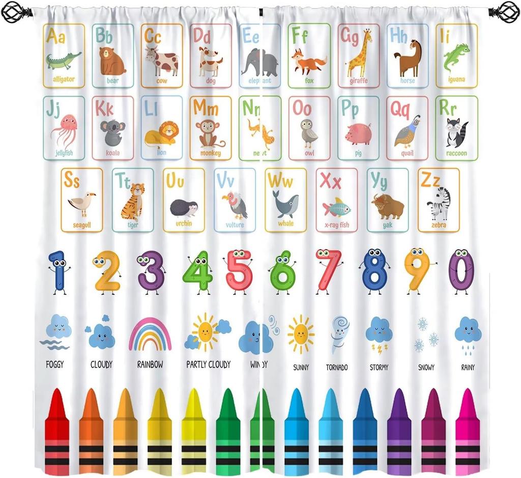 Funny Education Alphabet Abc Curtains,Cartoon Kids Learning Letters Watercolor Decor Rod Pocket Window Treatments For Boy Baby