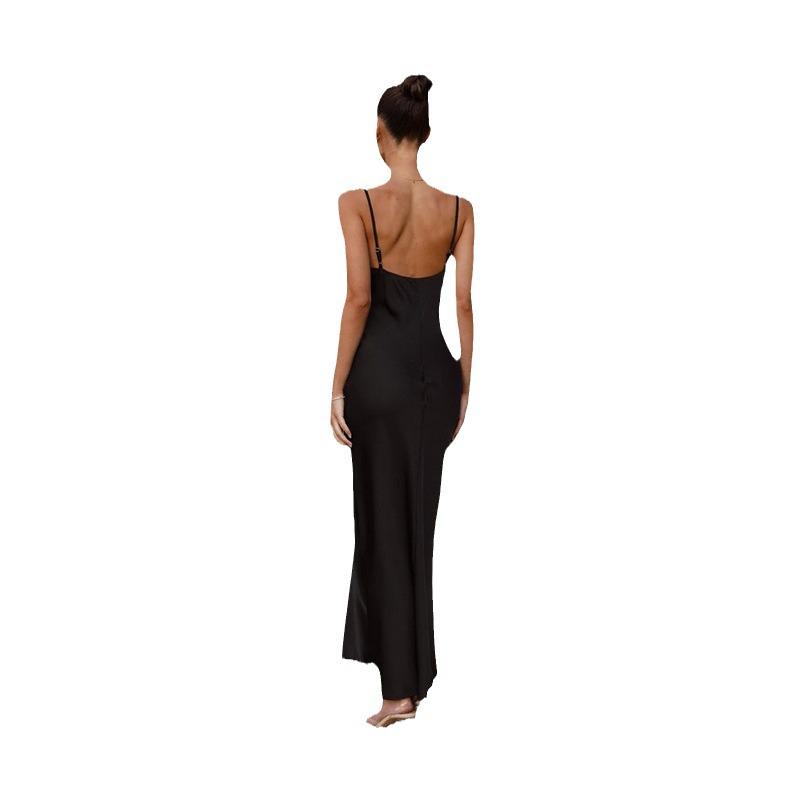 Women's Urban Fashion Solid Color Dress with Deep V-neck, Slim Fit, and Spaghetti Straps for Spring/Summer 2024.
