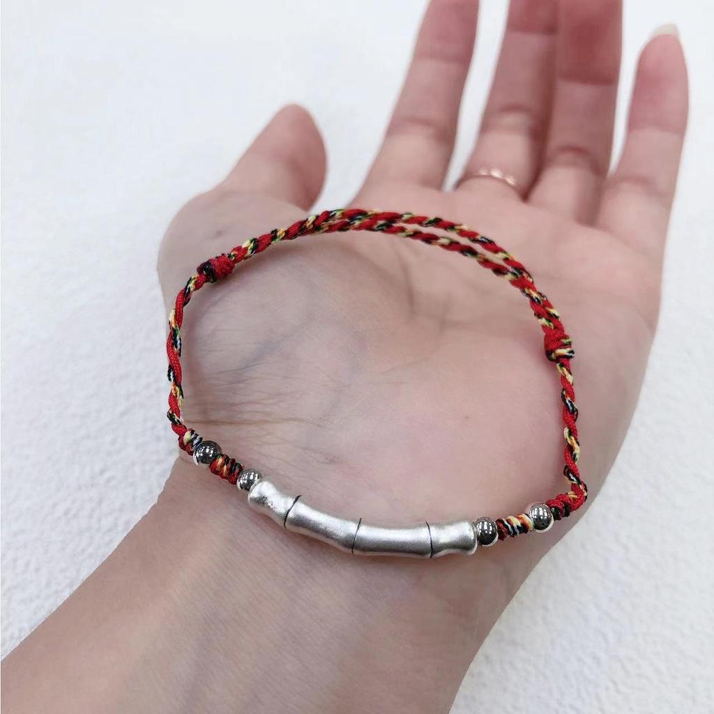 Bamboo Joint Pure Silver 999 Couple Bracelet with Hand-Woven Red Rope - 2025 Commemorative Gift for Couples