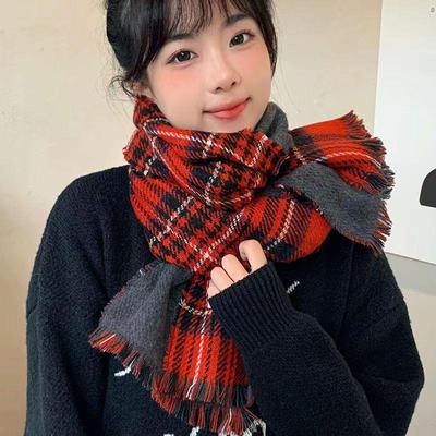 Jul Röd Rutig Dubbelsidig Halsduk: Imitation kashmir i koreansk stil, varm halsduk med tofsar för par