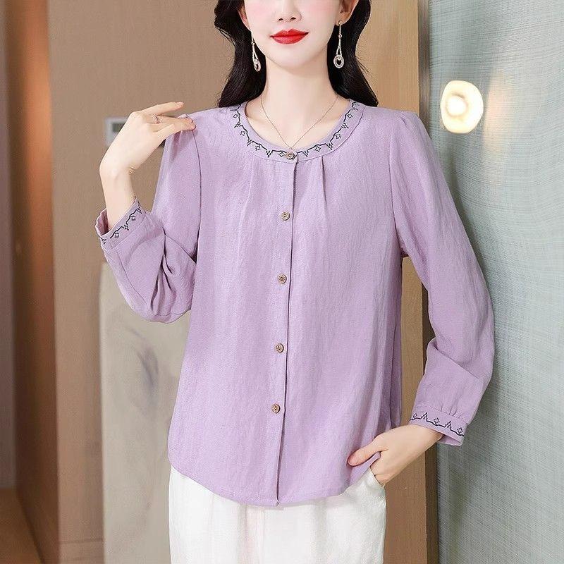 Women Literary Retro Embroidered Cotton Long Sleeve Shirt