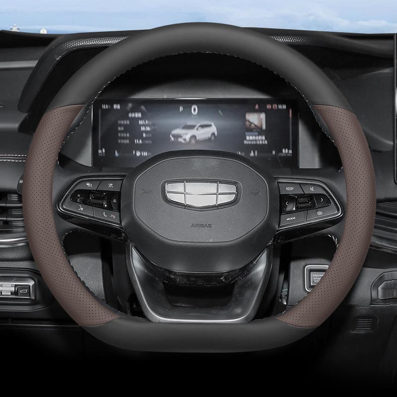 Genuine Leather Steering Wheel Cover for 24 Geely Models: Haoyue L, Xingyue L, Zhiqing, Xingrui, Binrui, Binyue - Green