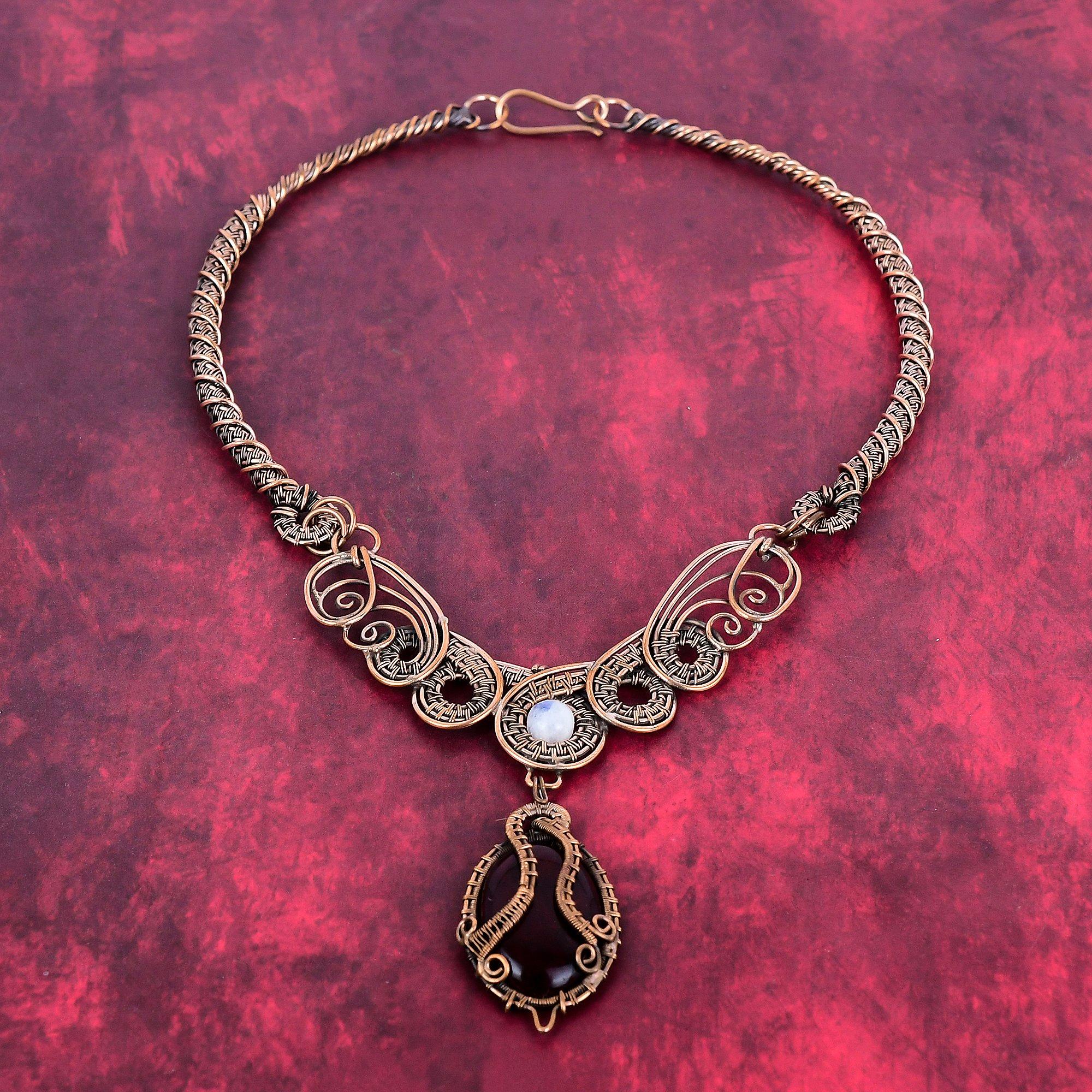 Red fire labradorite necklace copper wire wrapped gemstone necklace rainbow moonstone jewelry handmade necklace engagement gift wire jewelry