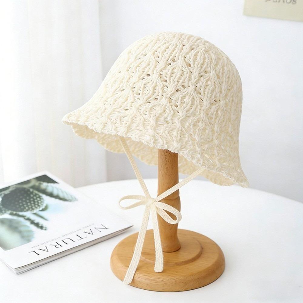 Thin Women Bucket Hat Foldable Design Solid Color Beach Panama Cap Breathable Windproof Rope Outdoor Fisherman Cap