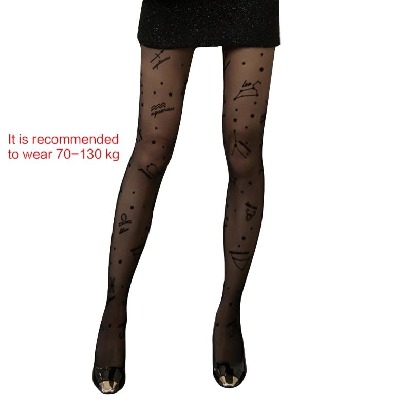 Women Spring Thin Sheer Silky Tights Harajuku Ruler City Constellation Flocking Patterned See Through Pantyhose Stocking