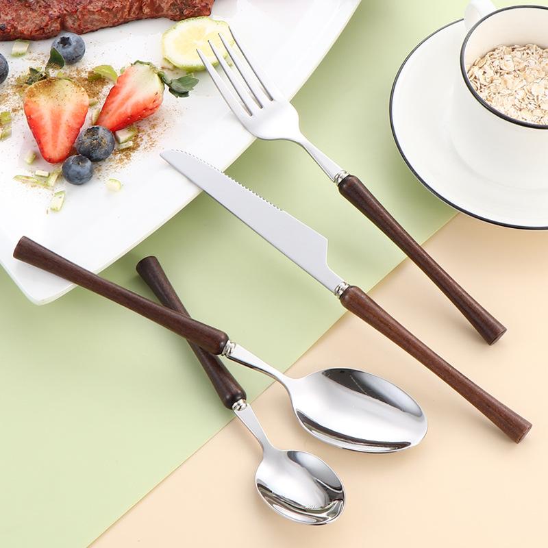 304 stainless steel wooden handle small waist bright chicken wing wood knife, fork and spoon western tableware steak knife and fork four-piece set