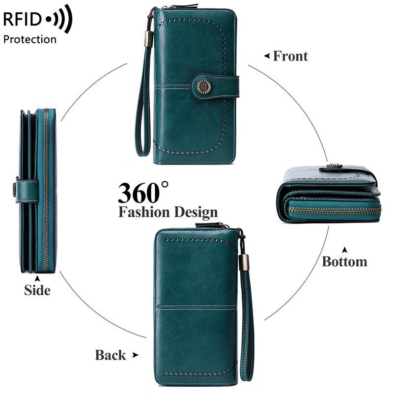 RFID-Blocking Women's Long Zipper Wallet: Large Capacity European & American Style