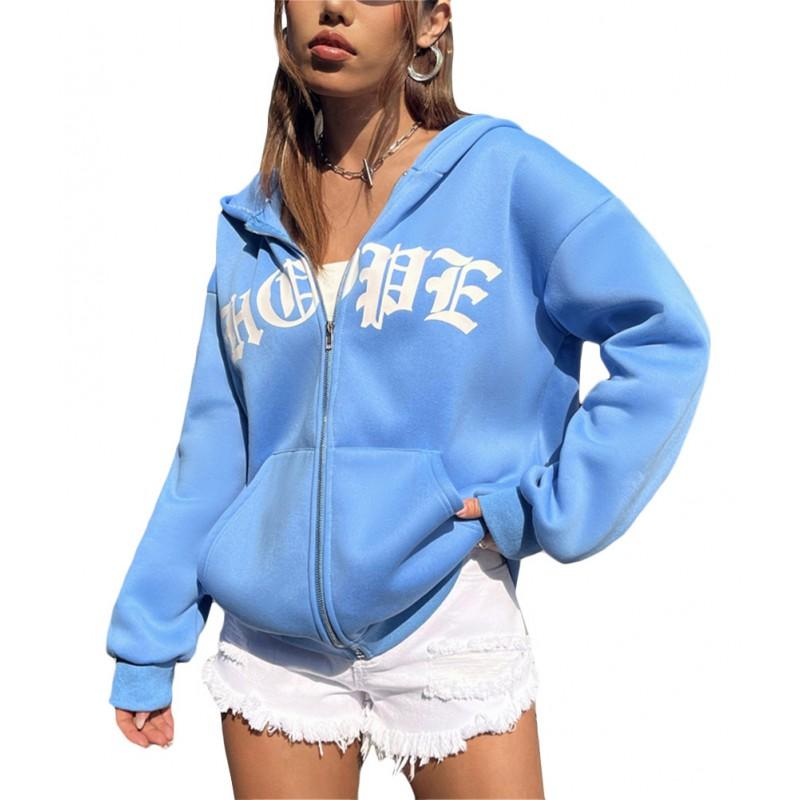 Unisex Oversized Zip-Up Hoodie With Letter Print Cotton Blend Warm Casual Sweatshirt