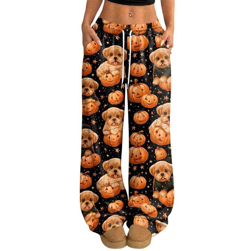 Women's Halloween Print Casual Wide Leg Pants with Drawstring Elastic Waist for Holiday Parties
