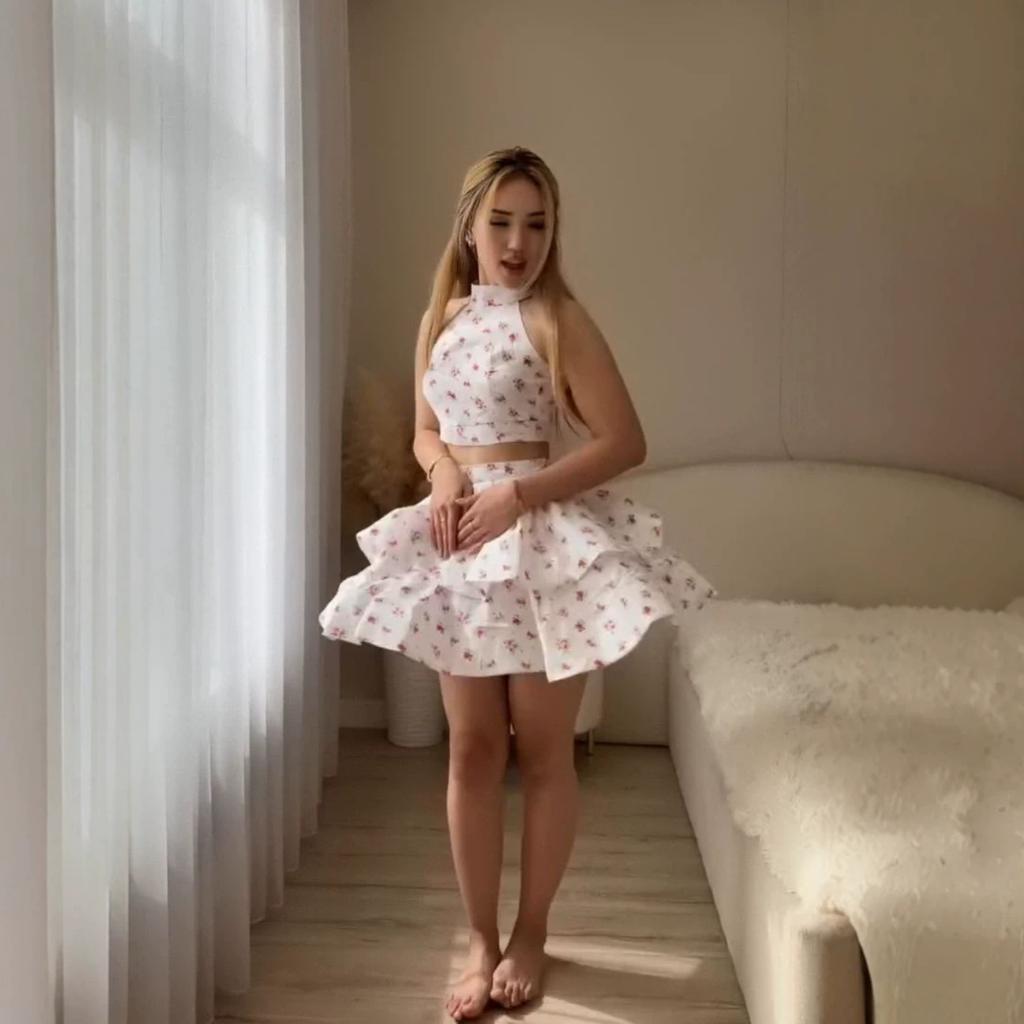 European and women's clothing new floral neck backless short top high waist ruffle edge short skirt set