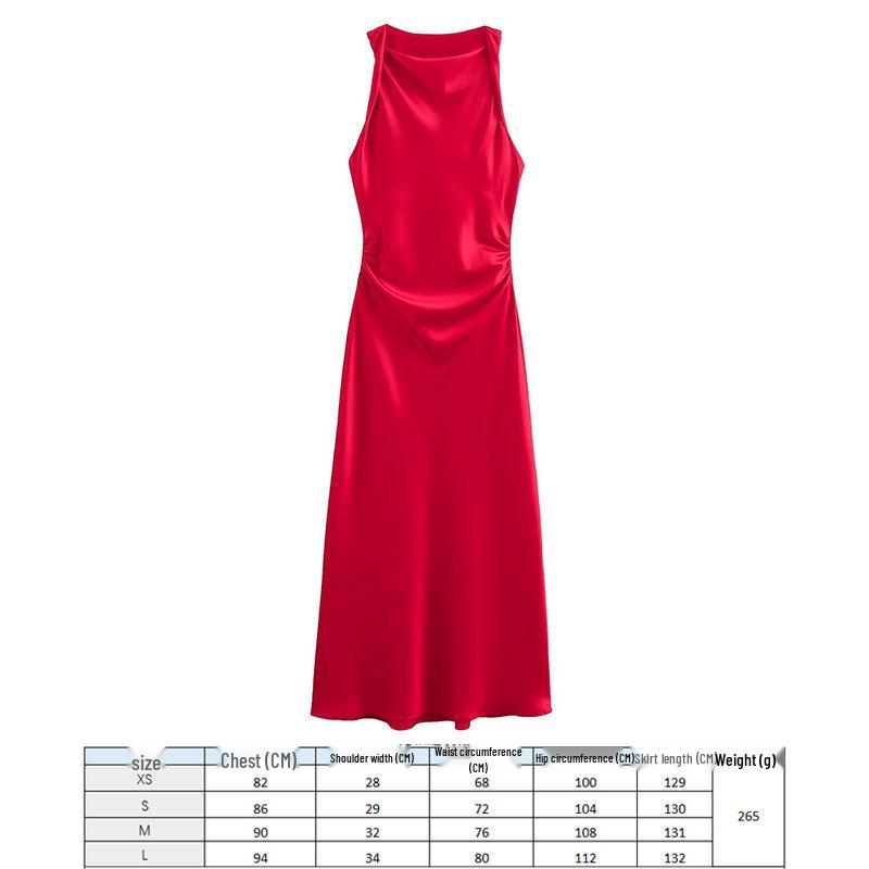 

2024 Европейская и американская мода Черное миди-платье из шелкового сатина - Дизайн без рукавов с круглым вырезом Large (L)