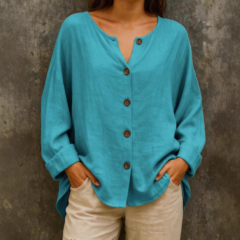 Damen V-Ausschnitt Knopfleiste Bluse Oversize Leinenmischung Freizeithemd