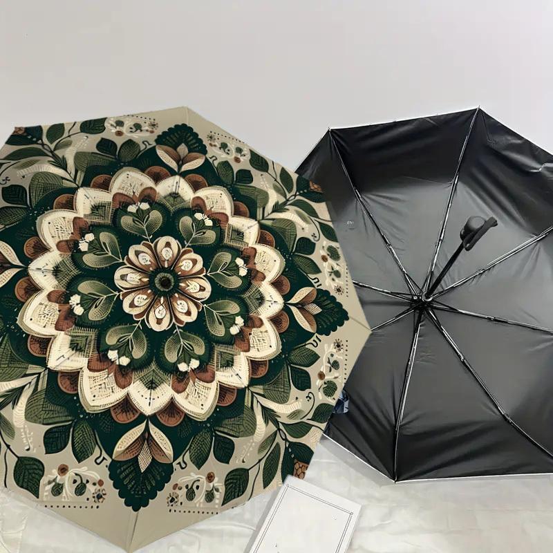1pc mandala leaves Automatic Open/Close Umbrella with Windproof, 8-Rib Sturdy Canopy, Durable Ribs, Fashionable Design1154A