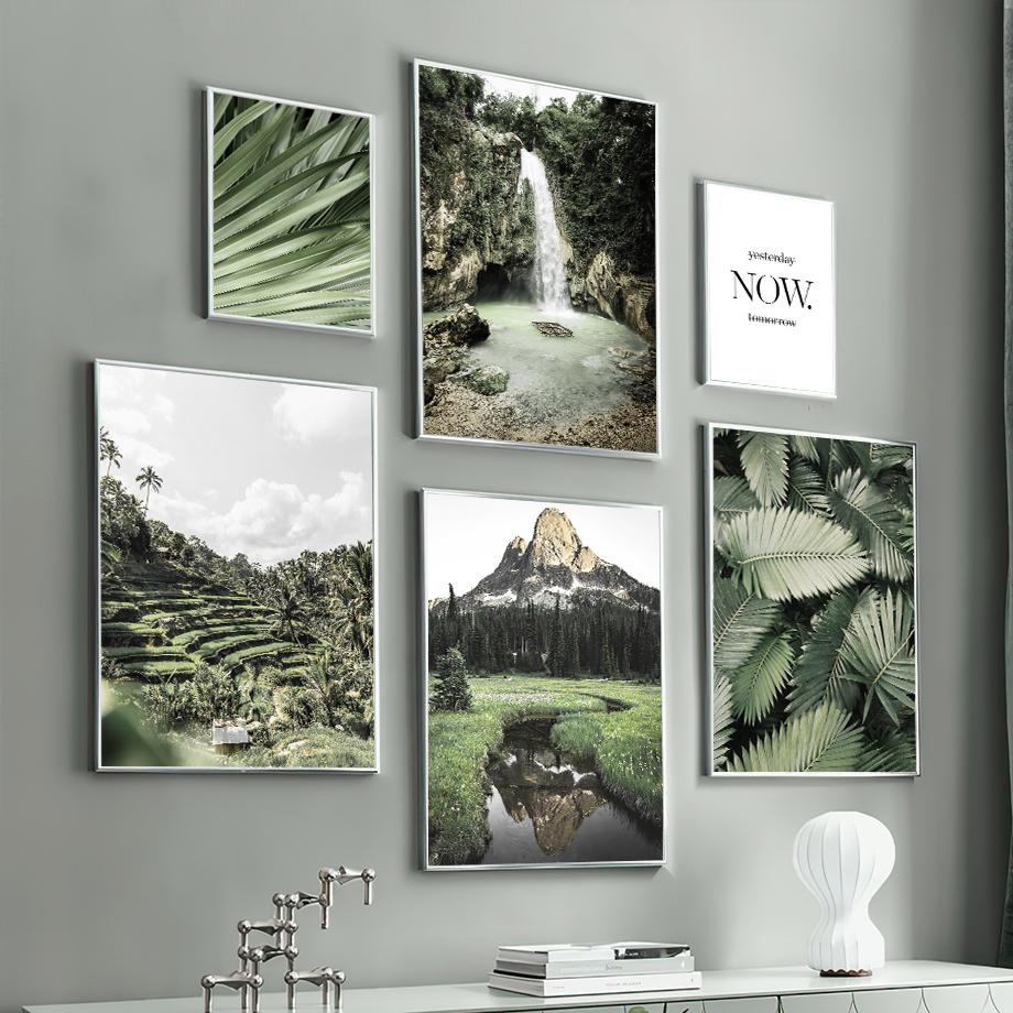 Green Mountain Waterfall Forest Leaves Landscape Posters And Prints Wall Art Canvas Painting Pictures For Living Room Home Decor