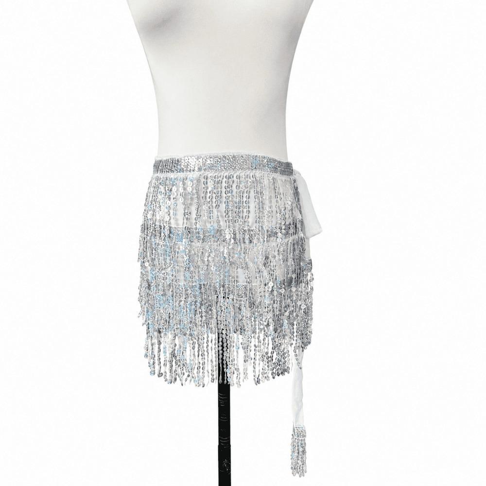 Adjustable Tie Waist Belly Dance Hip Scarf Three Layer Glitter Skirt  for Festival/Vacation
