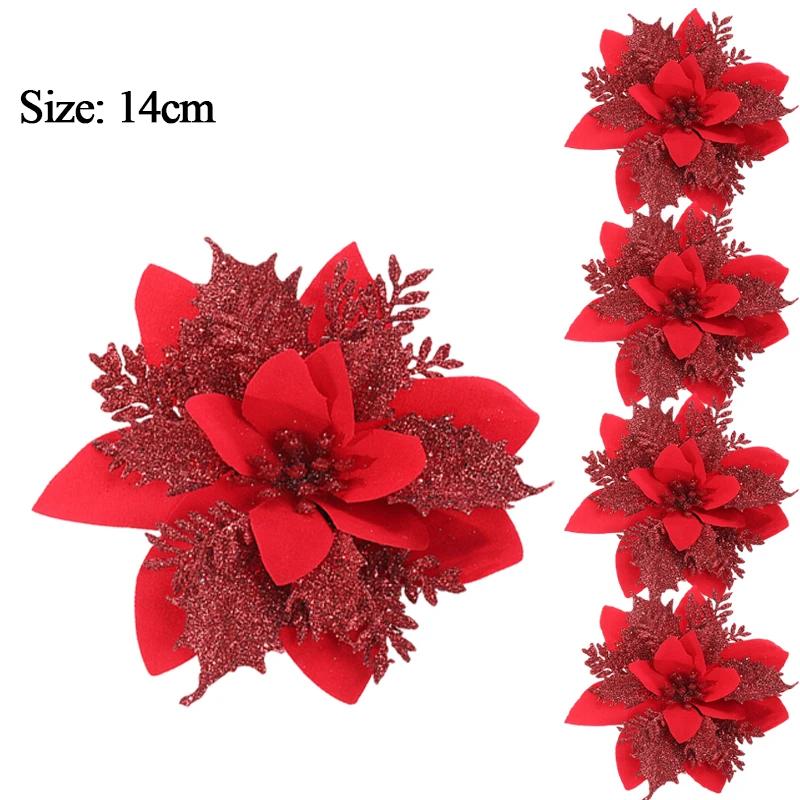 10/1pcs 15cm Glitter Christmas Flowers Artificial Poinsettia Flower Head Xmas Tree Ornament Home Decoration Navidad New Year