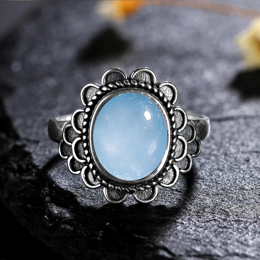 Natural 8*10MM Lapis Lazuli Finger Ring  Rings for Women Gift S Silver Flower Shaped Ring