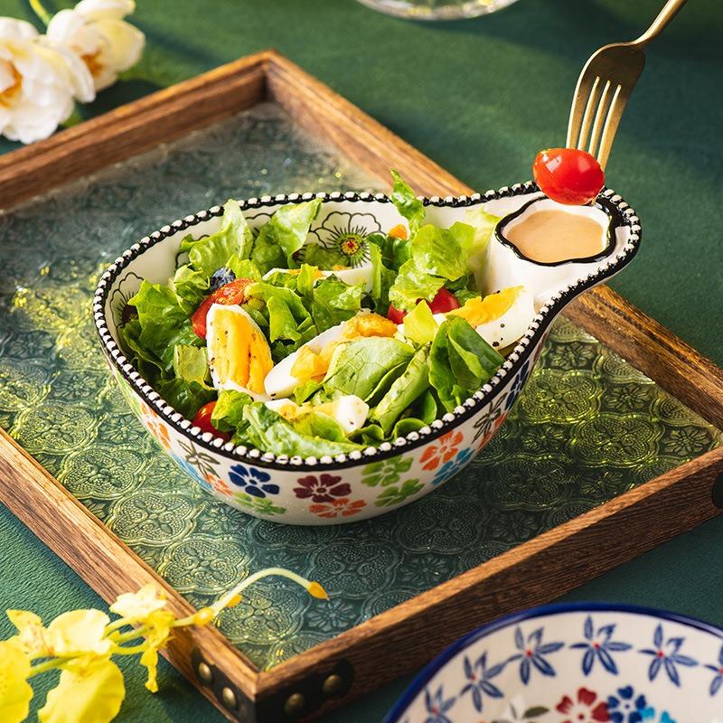 Hand-painted Dumpling Plate with Vinegar Plate Household Retro Ceramic Tableware Vegetable Plate Special Plate for Dumplings Fruit Snack Plate
