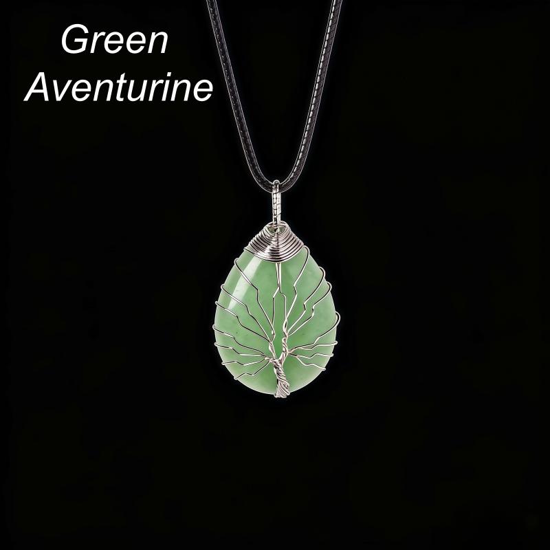Custom Logo Natural Crystal Tree of Life Pendant Water Drop Healing Stone Handmade Wire Wrapped Necklace