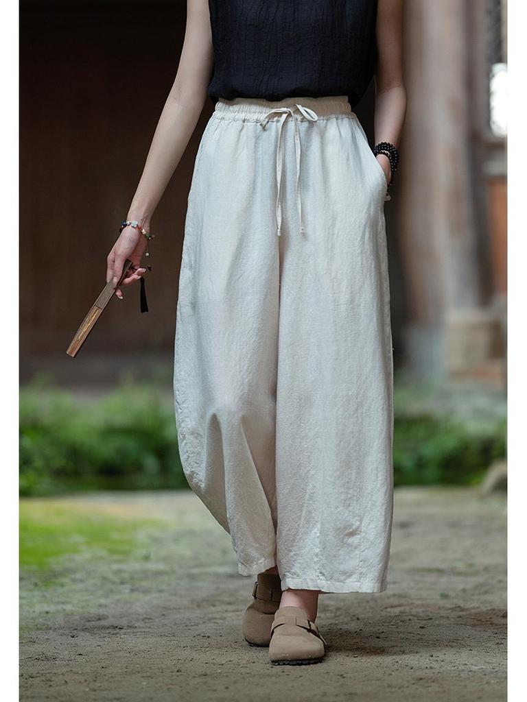 Spring Literary Linen Balloon Wide-Leg Pants - Women's Washed Cotton Nine-Point Loose Fit