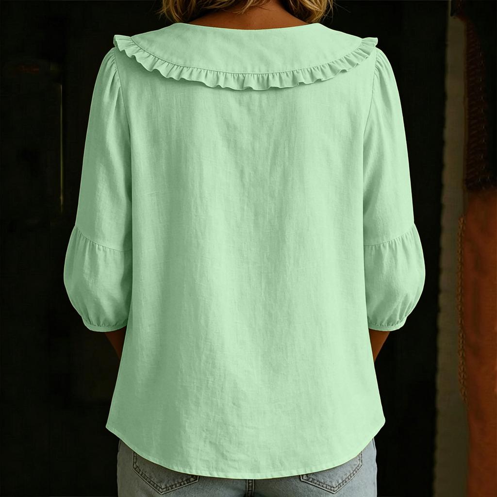 Women Casual Fashion Shirt Ruffle Trim 3/4 Sleeve Blouse Loose Fit Lightweight Top for Everyday Wear