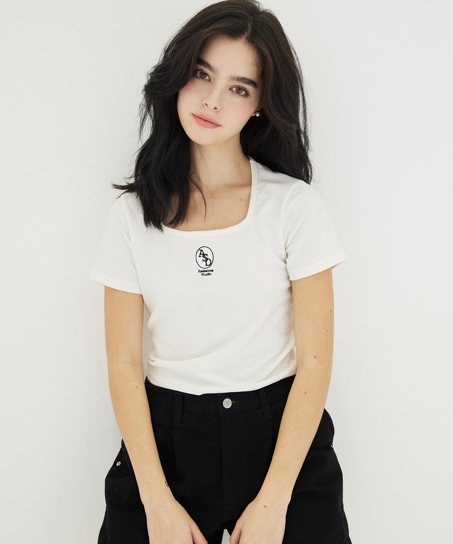 Awesome Studio Square Neck Crop T-Shirt Ivory Ivory/Free