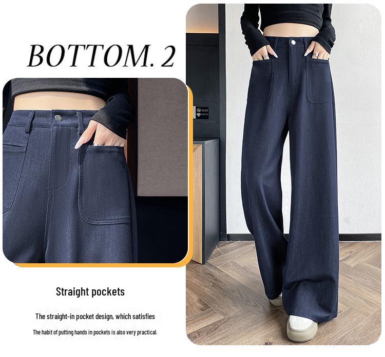 Women's Denim Slim-Fit Wide-Leg Jeans - Blue, Autumn/Winter, Loose, Slimming, Petite Drapey Straight-Leg Casual Pants