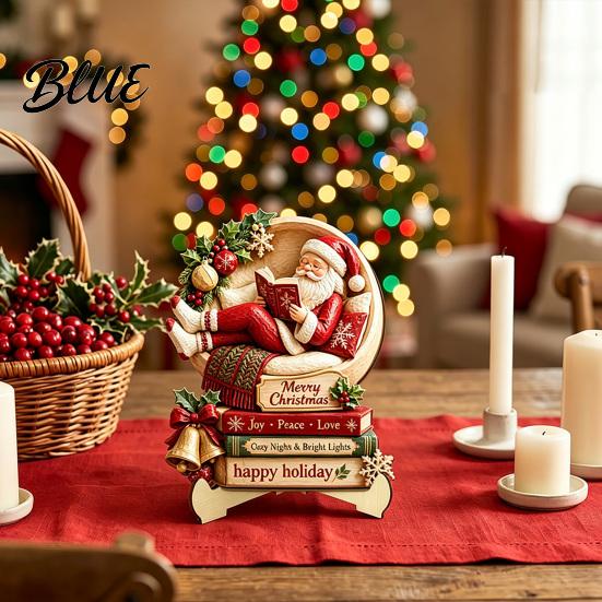 Indoor Outdoor Christmas Sign Wooden Table Sign 2D Flat Santa Claus/Snowman Reading Desktop Ornament Decorative Signage with Stand Holiday Tabletop