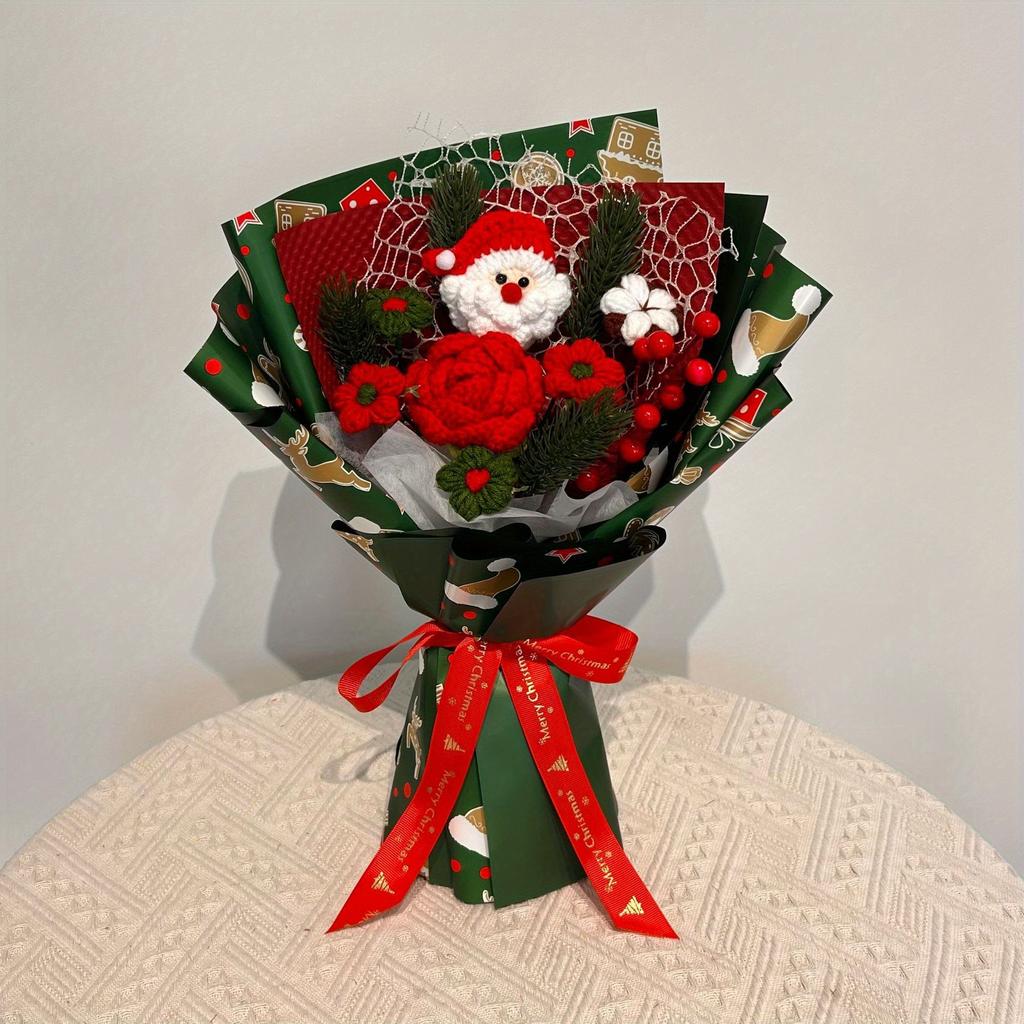 1Pc Christmas Bouquet Finished Pure Handmade Wool Flower Nobesong Holly Gift Hand Bouquet