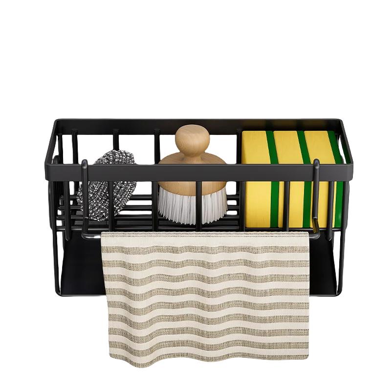 

Sink Sponge Holder with Dishcloth Hanger Adhesive Kitchen Storage Caddy for Scrubber Brush Dish Soap Sponges and Accessories 1-tier чорний