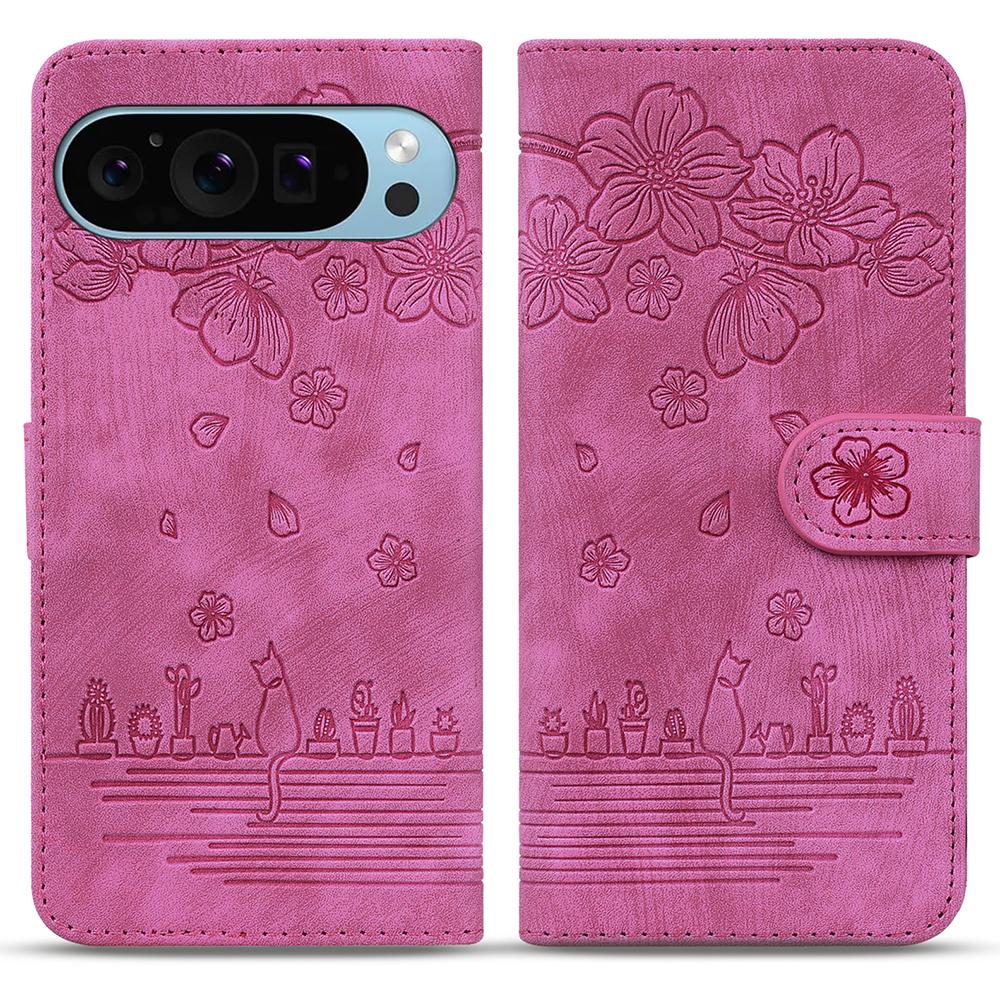 

For Google Pixel 10 Pro/Pixel 10/Pixel 9 Pro/Pixel 9 Case Flip Stand Leather Phone Cover Cherry Blossom Cat Imprinted Rose