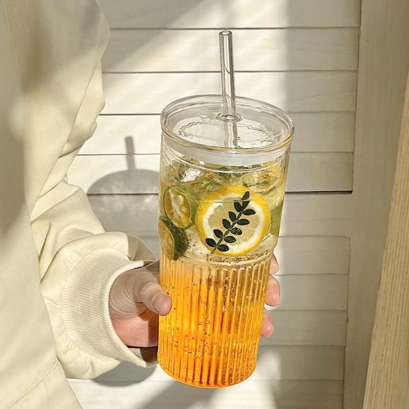 600Ml Large Capacity Stripe Glass Cup With Lid And Straw Transparent Drinking Glasses Water Cup Outdoor Drinkware Mug