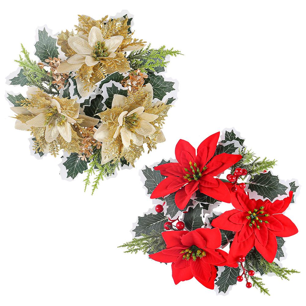 2 Pcs Christmas Candle Rings Candle Wreaths Poinsettia Holly Leaves Berries Decor